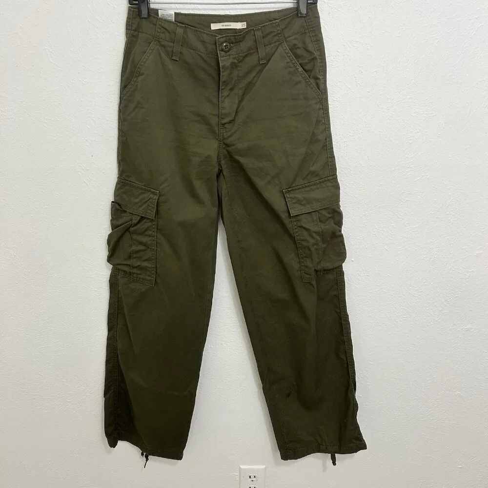 Levis Pants Sz 25 Green '94 Baggy Utility Cargo Drawstring Leg Streetwear Skater - Picture 3 of 14